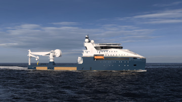 Kongsberg Maritime UT 7623 sustainable energy subsea ship design with dark blue hull and golden lines