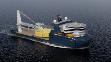 Kongsberg Maritime UT 7632 utility construction vessel design with dark blue hull and golden lines