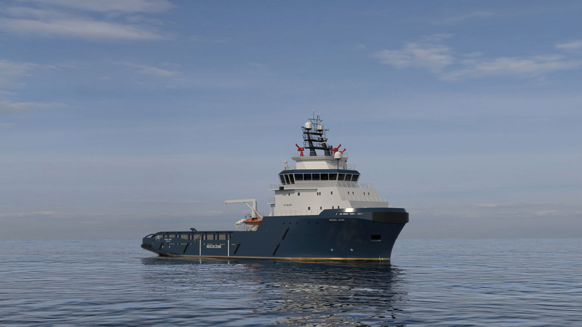 Kongsberg Maritime UT 722 CTD ocean-going tug ship design with dark blue hull